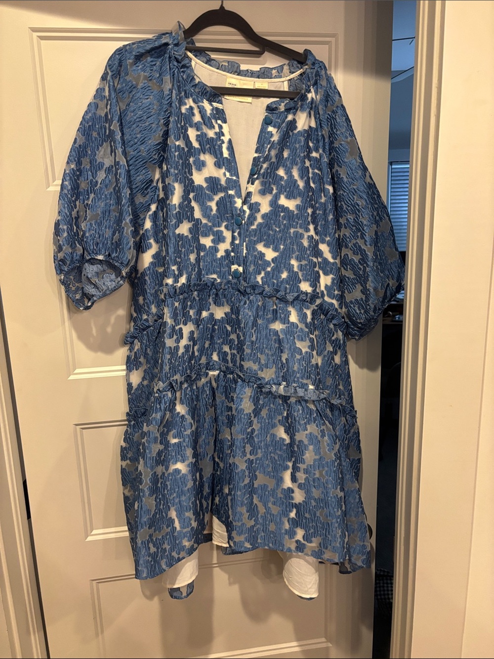 Maeve Blue and White Tiered Floral Midi Dress